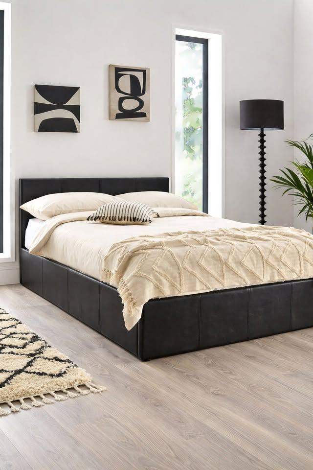 Marston Faux Leather End Lift Up Storage Double Ottoman Bed BLACK New