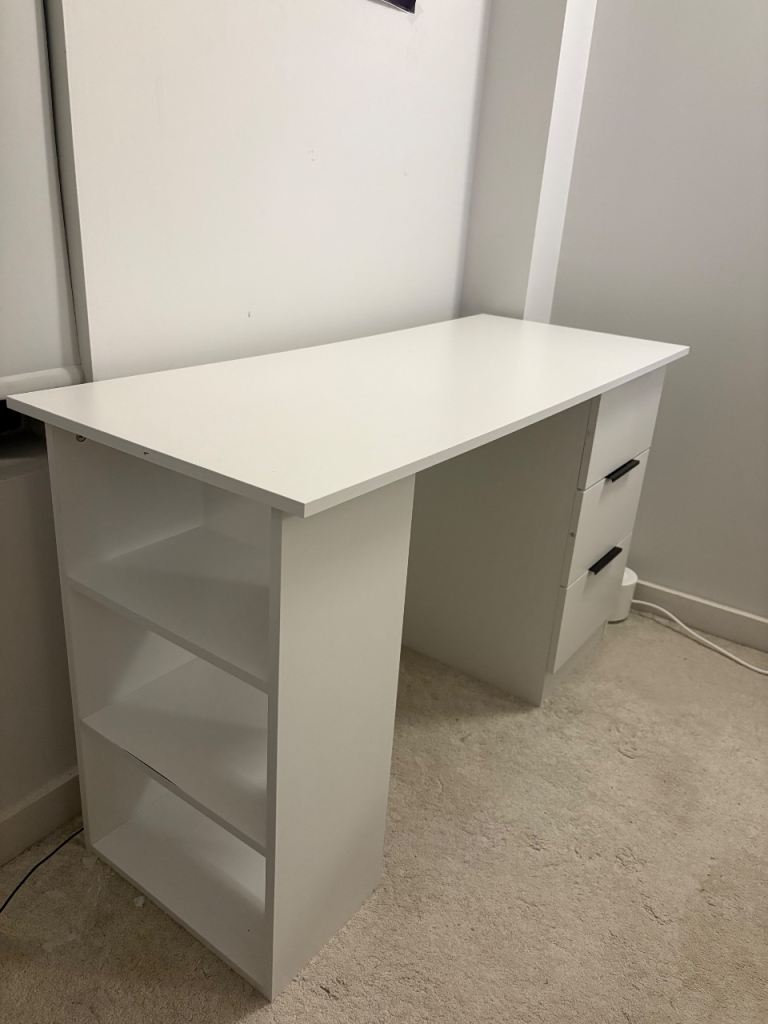 White office desk with drawers & shelving – collection only (Bracknell)