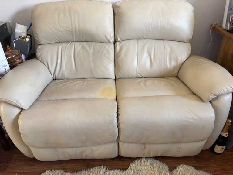 Cream Leather Two-Seater Recliner Sofa – Fair Condition