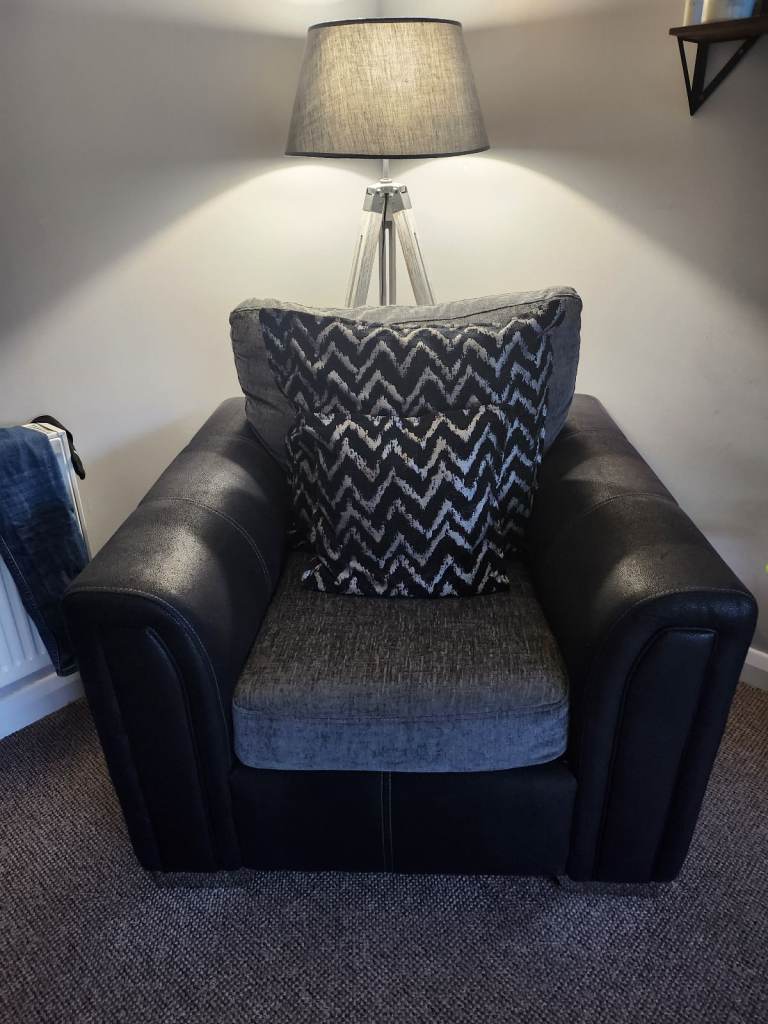 Dfs sofa, chair and cuddle sofa black, silver and grey 