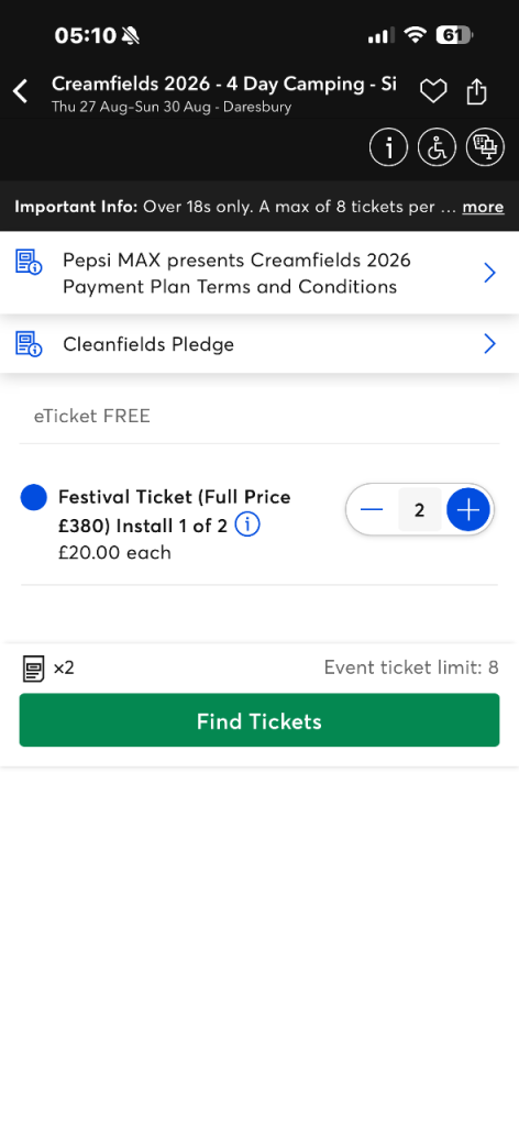 Creamfields 4 day silver camping 