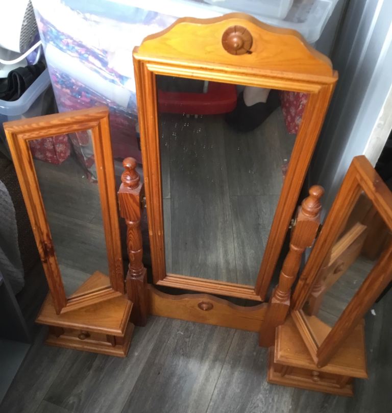 A trio set of Mirrors with 2xSmall drawers, pine wood