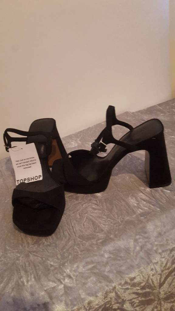 New Women's Black Block Heel Shoes Strappy Size 6 Top Shop 