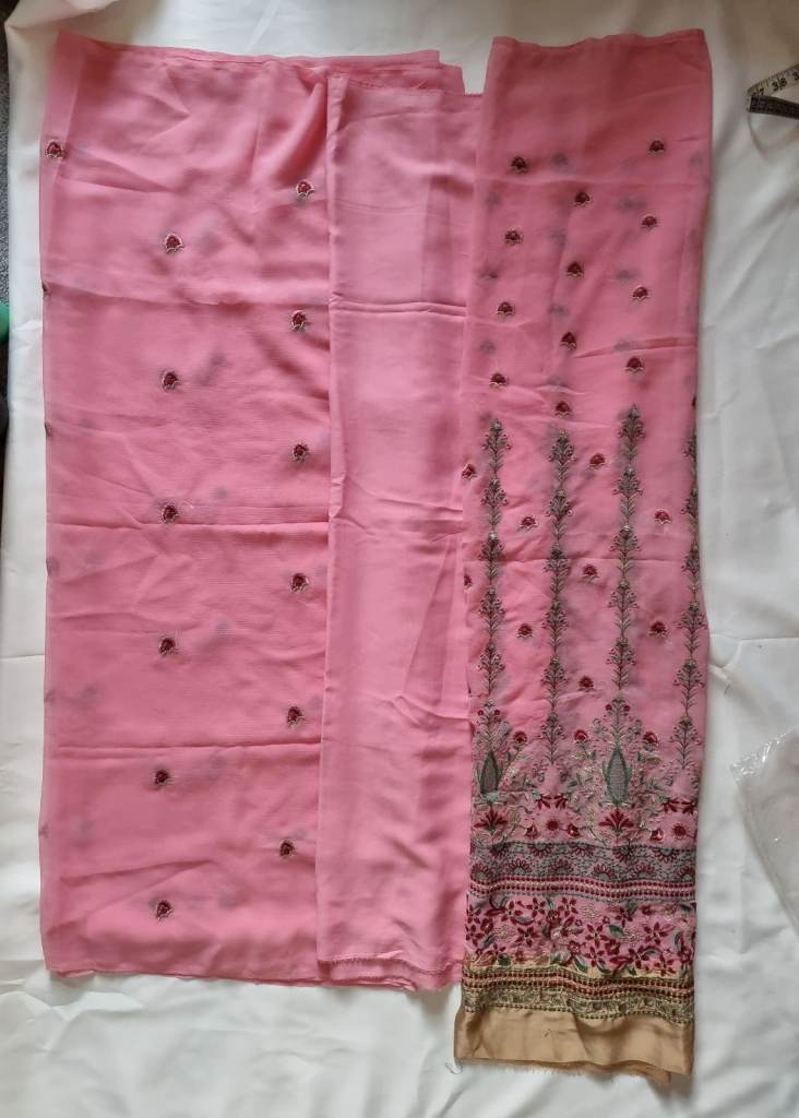 Pink gold embroidered unstitched 3 piece suit. Asian Womens dresses