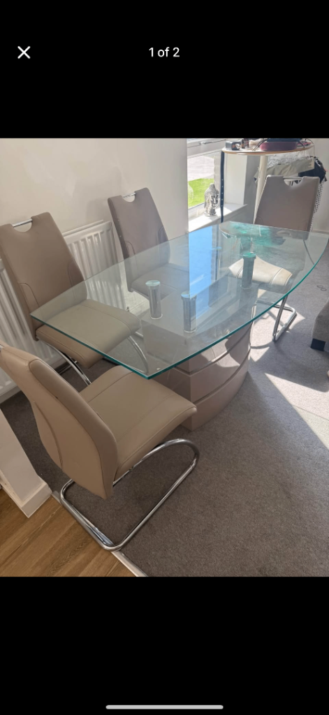 Glass Dining Table & 4 Beige Faux Leather Chairs