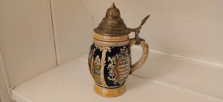 VINTAGE GERMAN BEER STEIN TANKARD MUG WITH PEWTER EMBOSSED LID