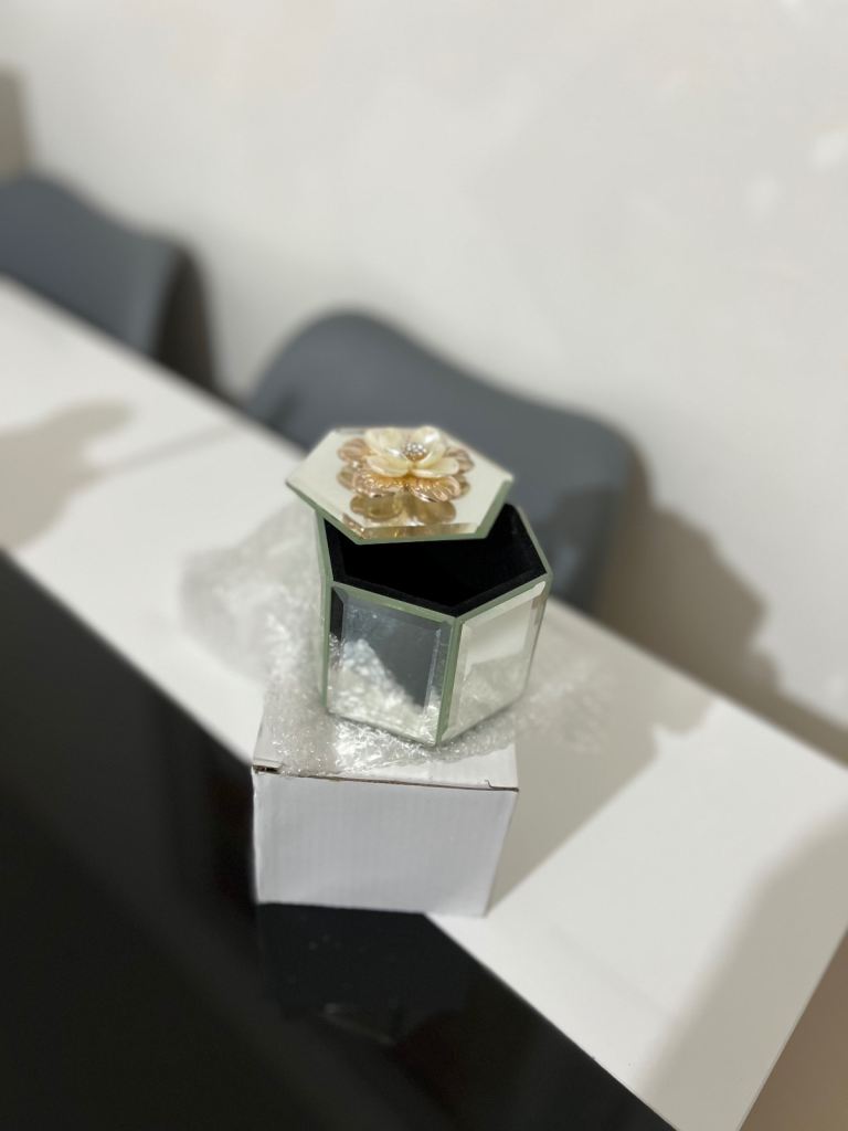 Lovely Mirrored Hexagonal Jewellery Box with Flower Detail