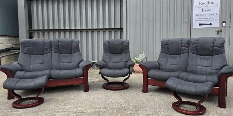 Ekornes Stressless Mayfair Fabric 2 x 2 Seater Recliner Sofas and Chair + 2 Footstools 8825