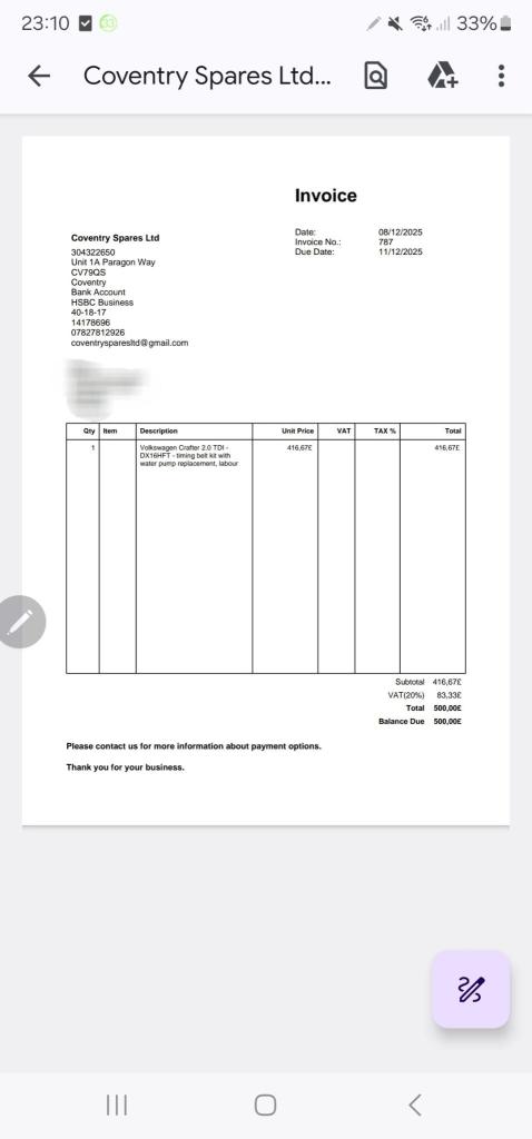 VOLKSWAGEN CRAFTER 2.0 TDI LUTON TAIL LIFT NEW CLUTCH FLY WHEEL &amp; CAMBELT NO VAT