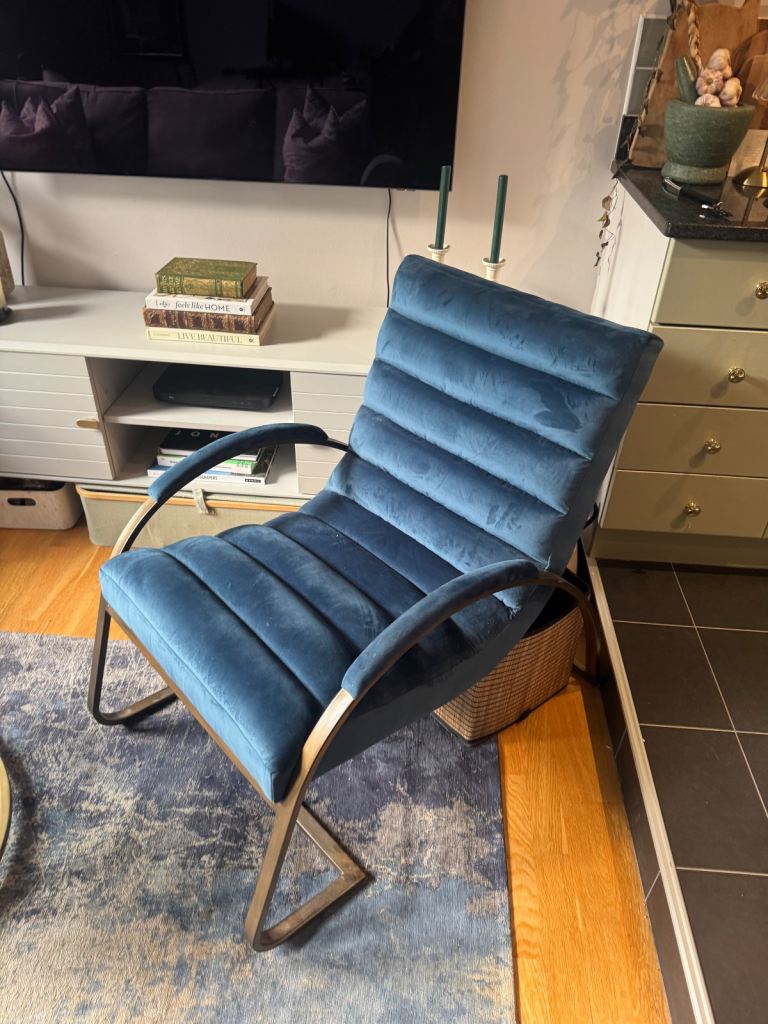 Hill 1975 Navy and Brass Ribbed Ark Chair, METAL,VELVET, Mixed, 63 x 96 x 90 cm