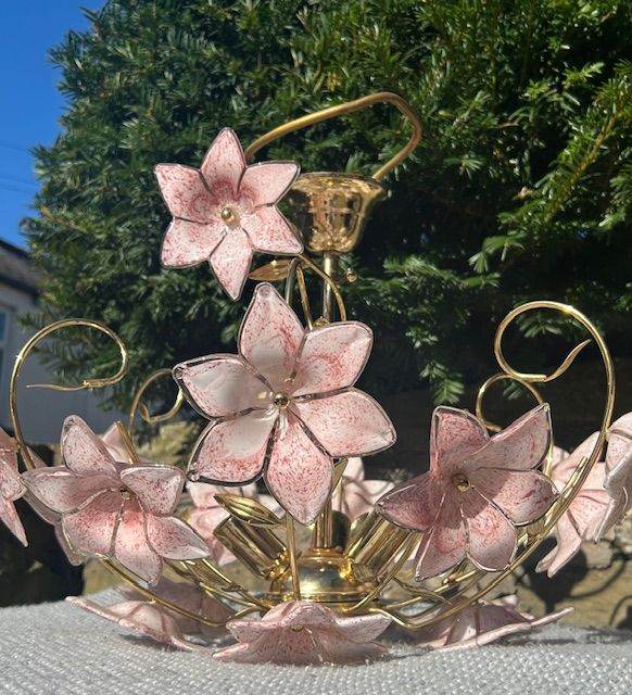 Vintage Italian Pink Glass Flower Chandelier – Murano Style – Gilt Metal