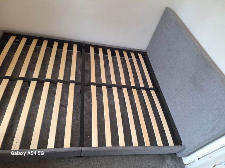 Grey Fabric Double Bed Frame - Slatted Base, Good Nick