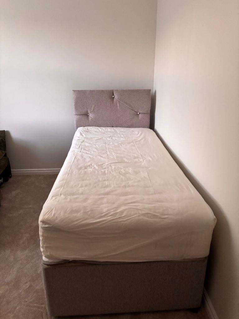 Single Divan Bed with Headboard and deep new Mattress – Good Condition
