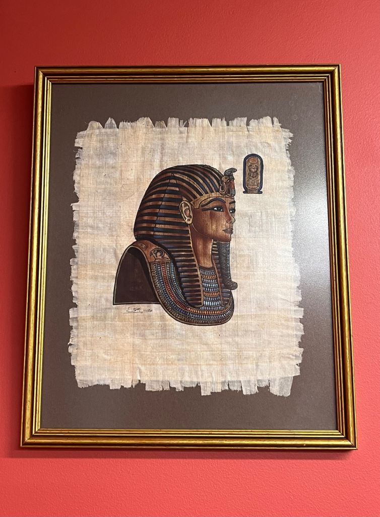 Handmade Egyptian Tutankhamun Framed Vintage Painting on Papyrus Signed