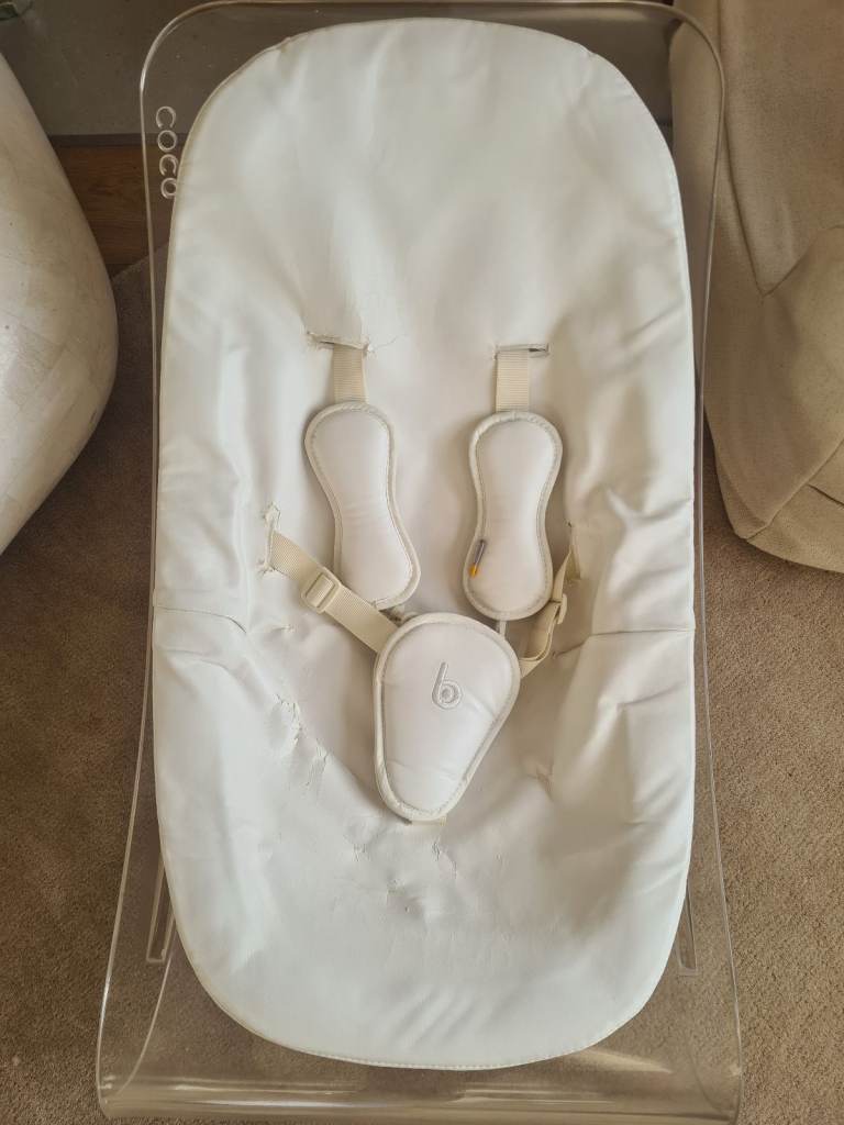 COCO BLOOM baby rocker/bouncer chair. White faux leather/ perspex