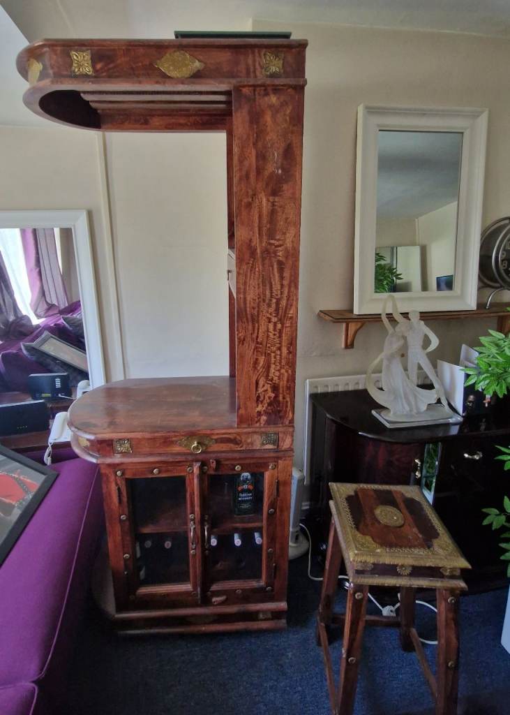 Wooden Carved Bar Unit and Matching Stool – Good Condition