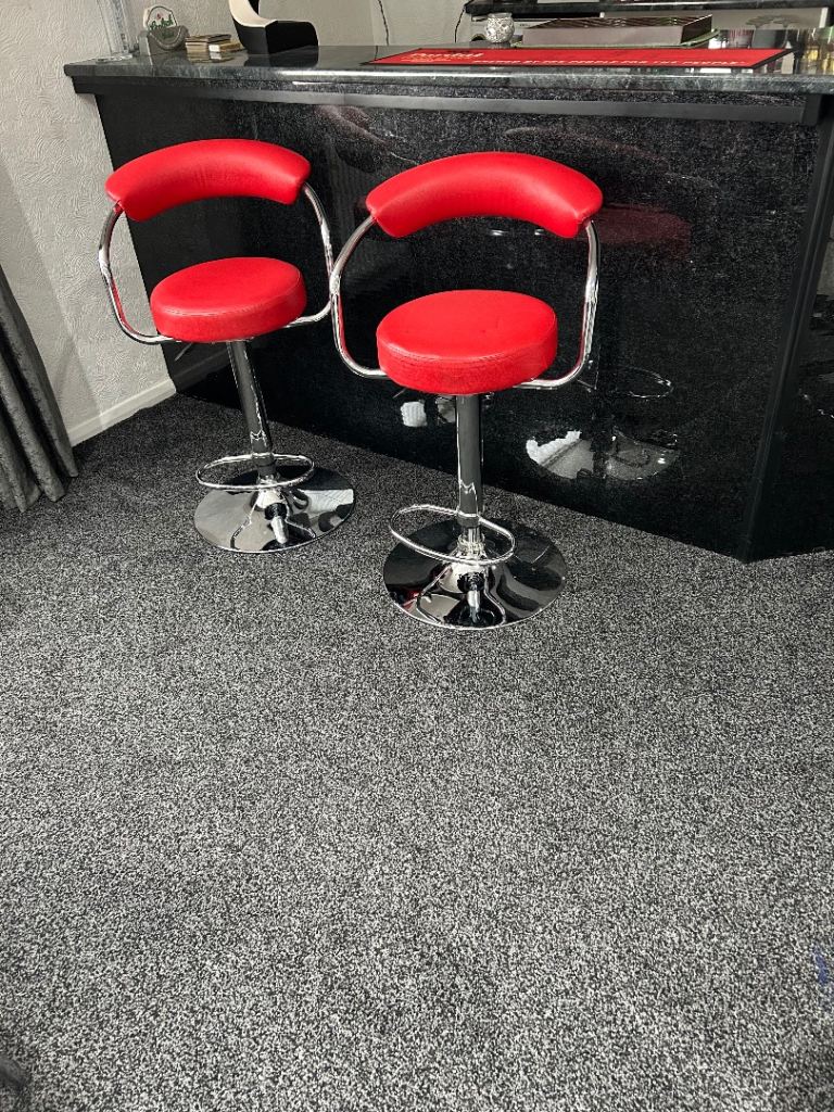 Two Red Bar Stools with Chrome Base – Good Condition