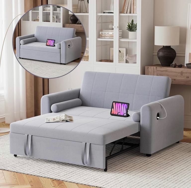 2 Seater Sofa Bed, 3-in-1 Convertible Sofa Bed with Storage Pockets, USB & Type-C, Grey