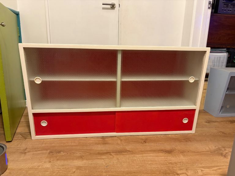Vintage wooden kitchen wall cabinet with sliding glass doors