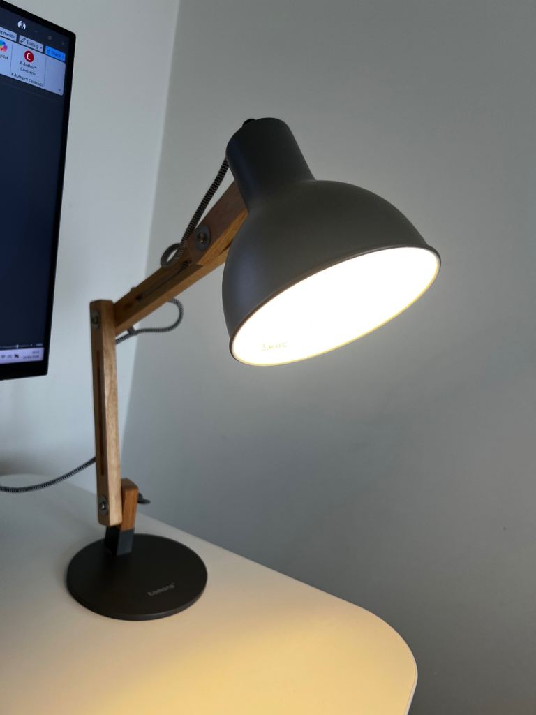 desk lamp with adjustable wooden arm