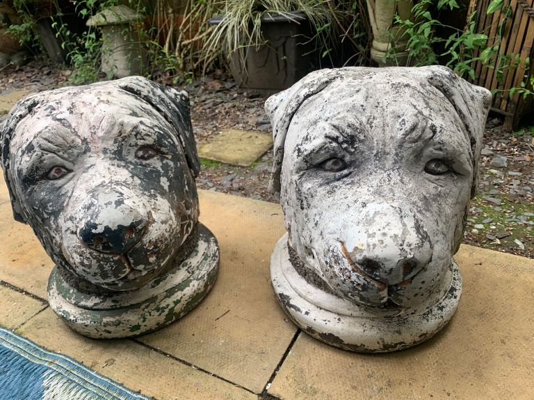 Pair of very big decorative weathered Cast stone garden bulldog head statues