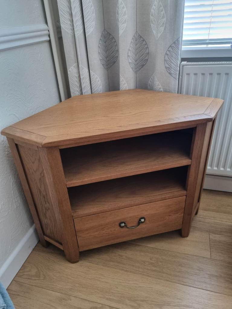 As new solid Wood Corner TV Stand with Drawer and Shelves