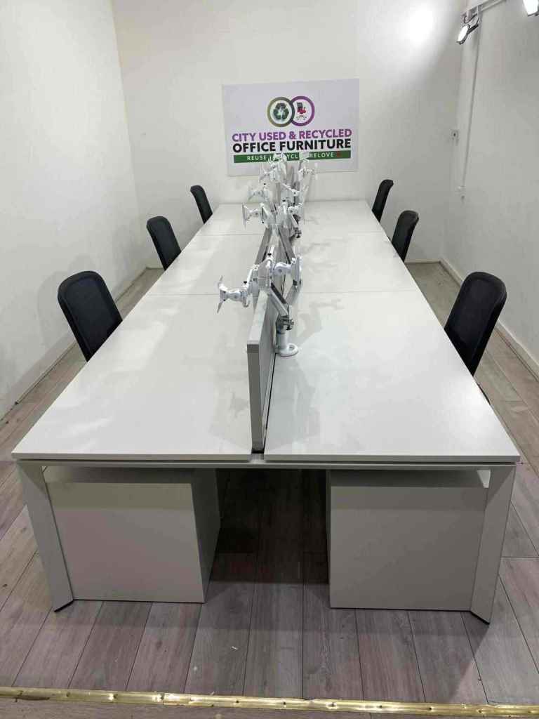 Steelcase 6-Person Bench Desking, White, Dual Monitor Arms, Desktop Screens, W1600mm
