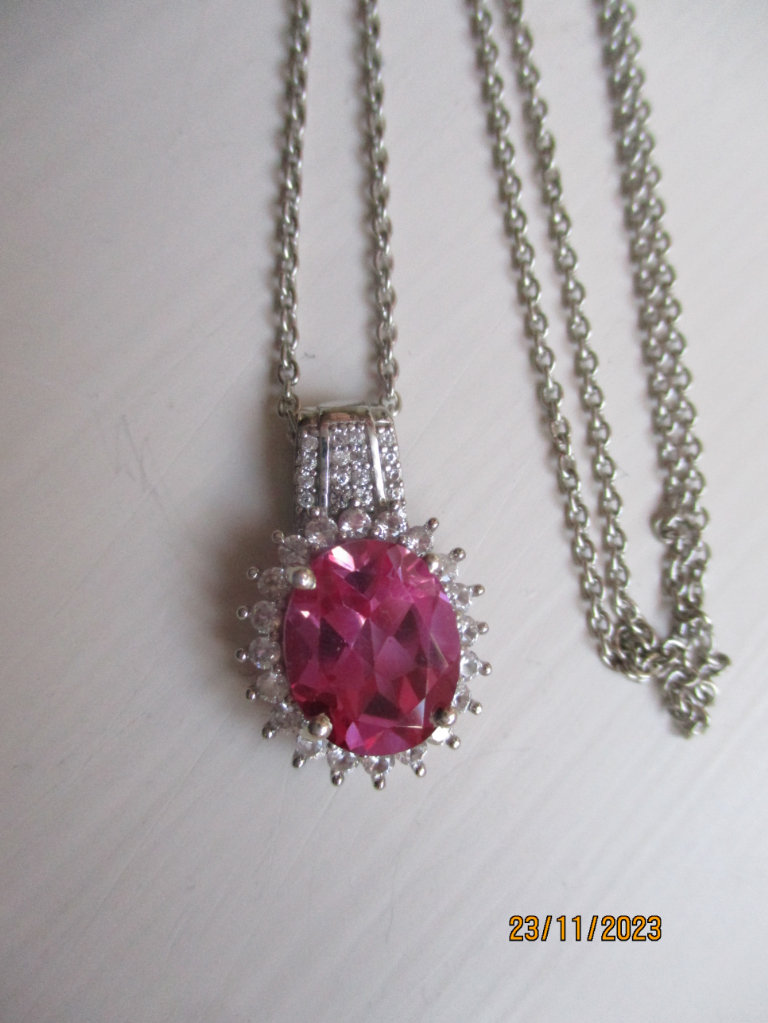 Lab created pink sapphire and natural Zircon Halo pendant and 20 inch chain