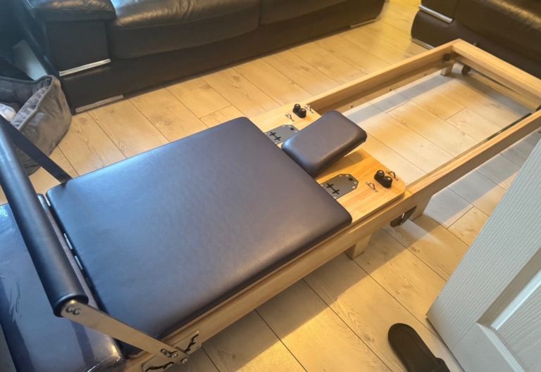 Pilates Reformer Machine – Wooden Frame, Blue Cushions