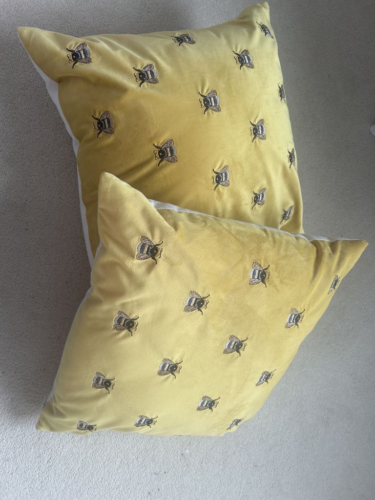 Pair of ochre M&S bee embroidered cushions 