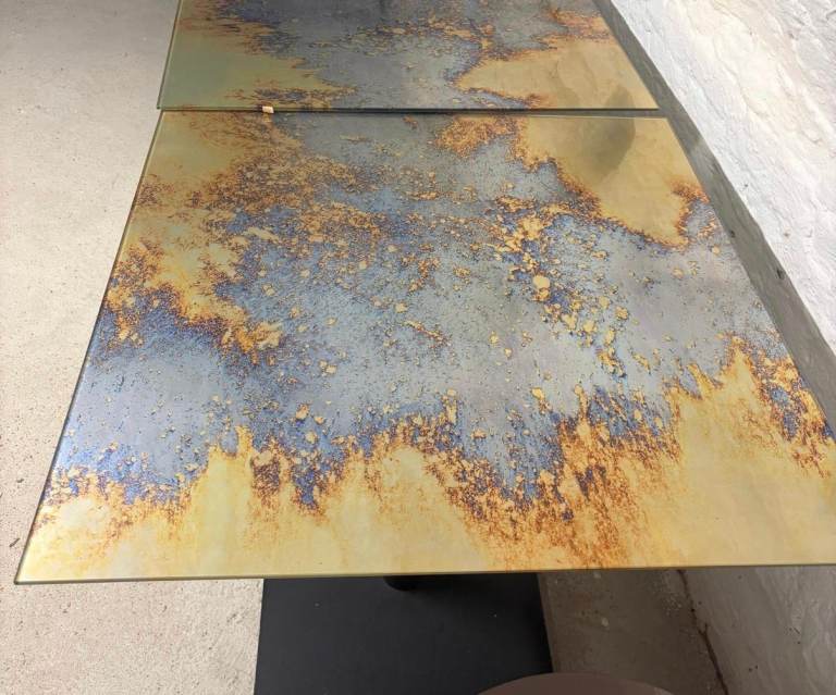 Gold patina glass cafe tables x 5