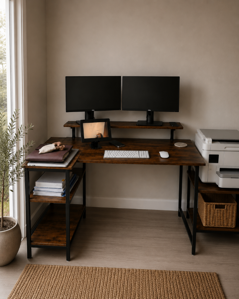 Industrial Style Computer Desk with Power Sockets, USB Ports & LED Lighting