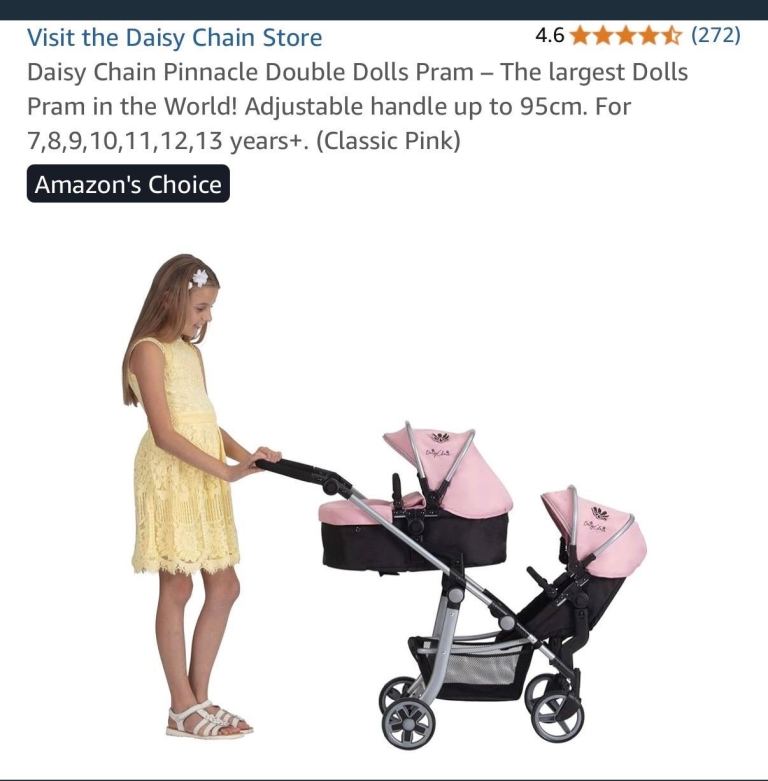 Daisy Chain Pinnacle Double Dolls Pram - Pink, As Good As New
