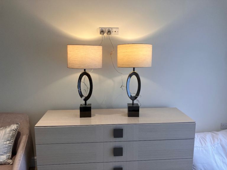 Pair of Modern Bedside Lamps with Fabric Shades – Good Condition