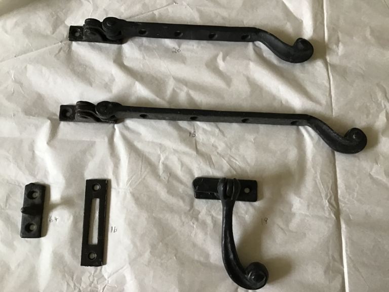 Heavy black window stays catches and handles