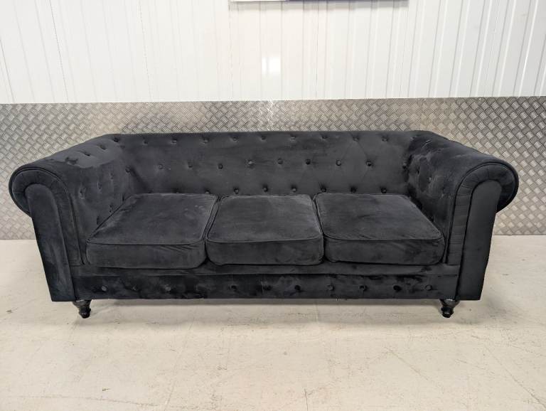 Black Velvet Chesterfield 3 Seater Sofa - Only 7 months old - Good Condition