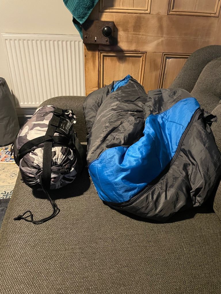Two childrens’ Sleeping Bags – Grey, Blue and Camouflage, Good Condition