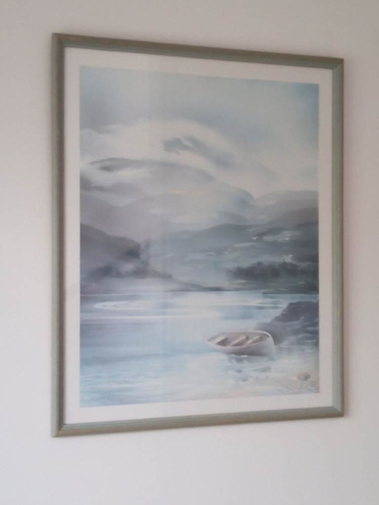 Framed picture - boat, loch and misty hills 