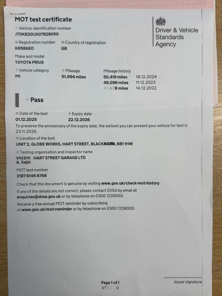 2009 Toyota Prius 1.5 VVTi T3 Hybrid 5dr CVT Auto HATCHBACK PETROL/ELECTRIC Automatic