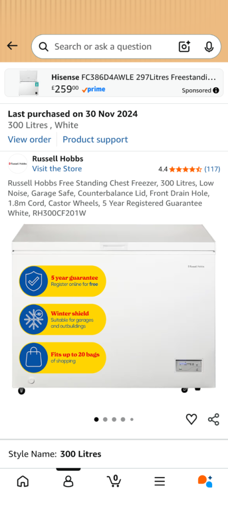 REDUCED. Russell Hobbs 300L. Chest Freezer – Excellent Working Order – £135