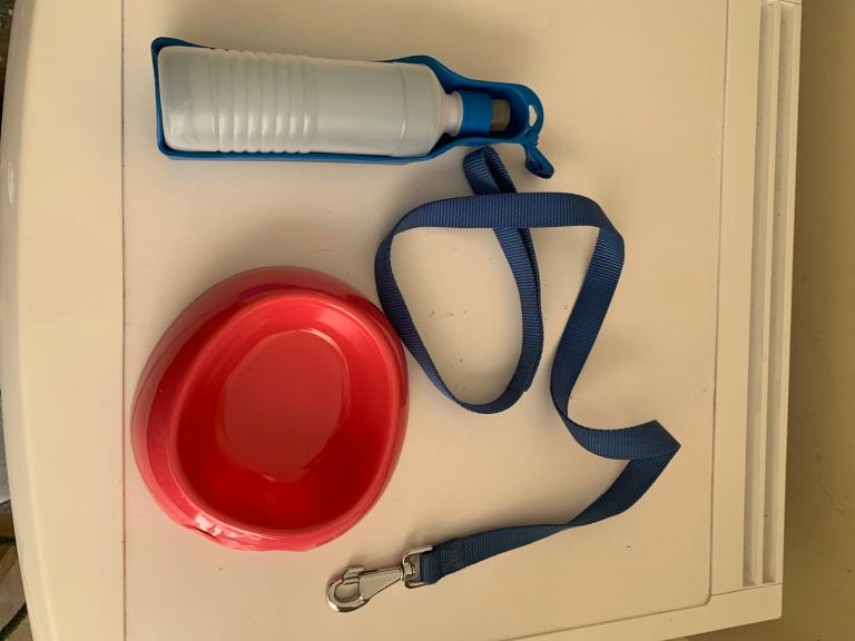 Dog lead, bowl and mobile drink bottle 