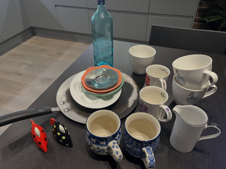 Free crockery (mugs, saucers, salt+pepper dispensers) + pancake pan