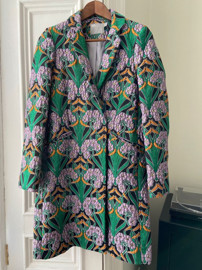 ASOS rare lilac purple green gold floral jacquard coat ASO Trinny Woodall Size 8 