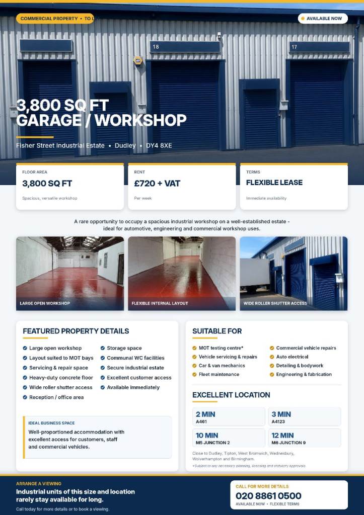 Self contained warehouse to  let in the heart of Dudley. No deposit!