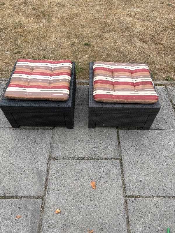 Pair of Rattan Effect Outdoor Stools with Cushions – Good Condition