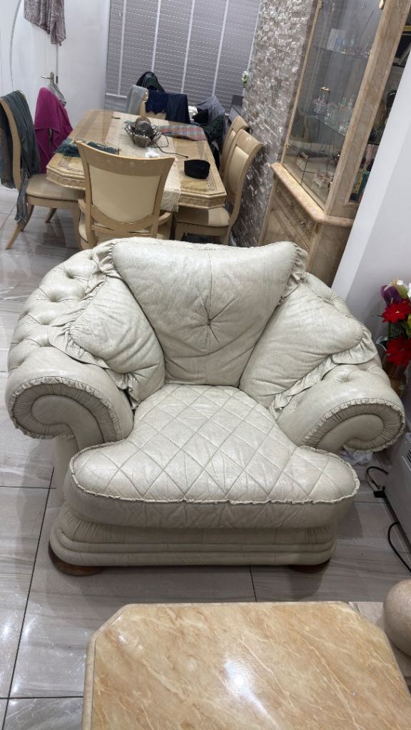 Cream Leather Sofa and Armchair Set – Fair Condition