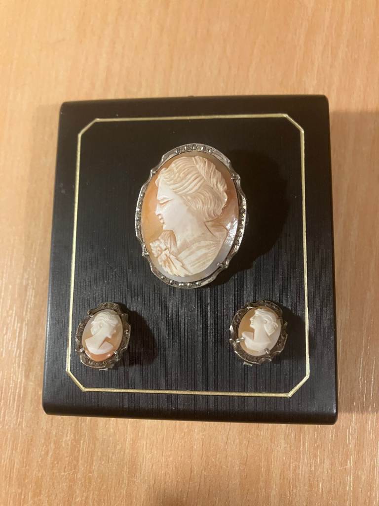 Vintage Shell Cameo Broach & Clip on Ear Rings