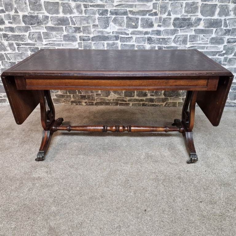 Antique Style Drop Leaf Dining Table with Leather Top