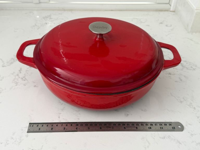 Red Prestige cast iron flat casserole, 30cm by 9cm, 4+ litres