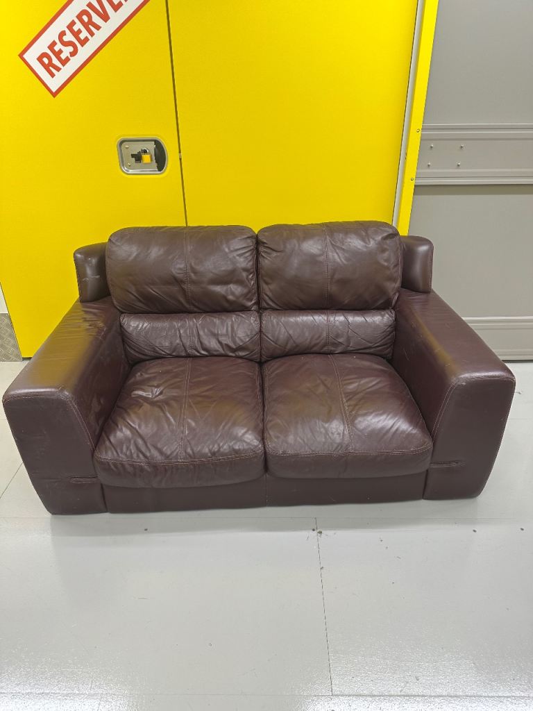 Brown Leather Two-Seater Sofa – Fair Condition, Some Wear